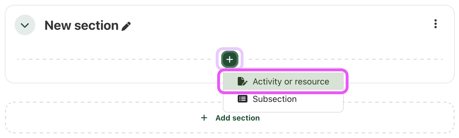 A screenshot highlighting the Add an activity or resource link