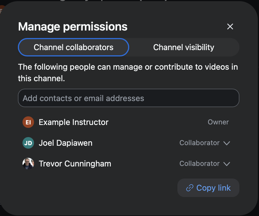 A screenshot of the Manage Permissions modal showing the Channel collaborators tab