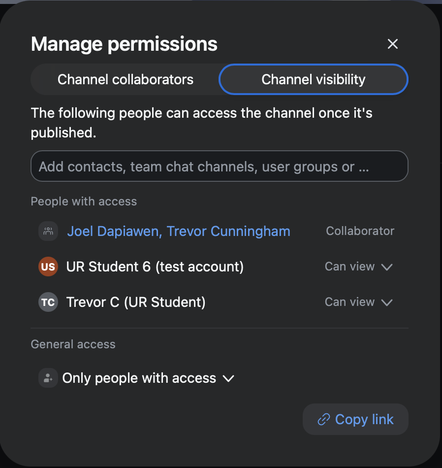 A screenshot of the Manage Permissions modal showing the Channel visibility tab