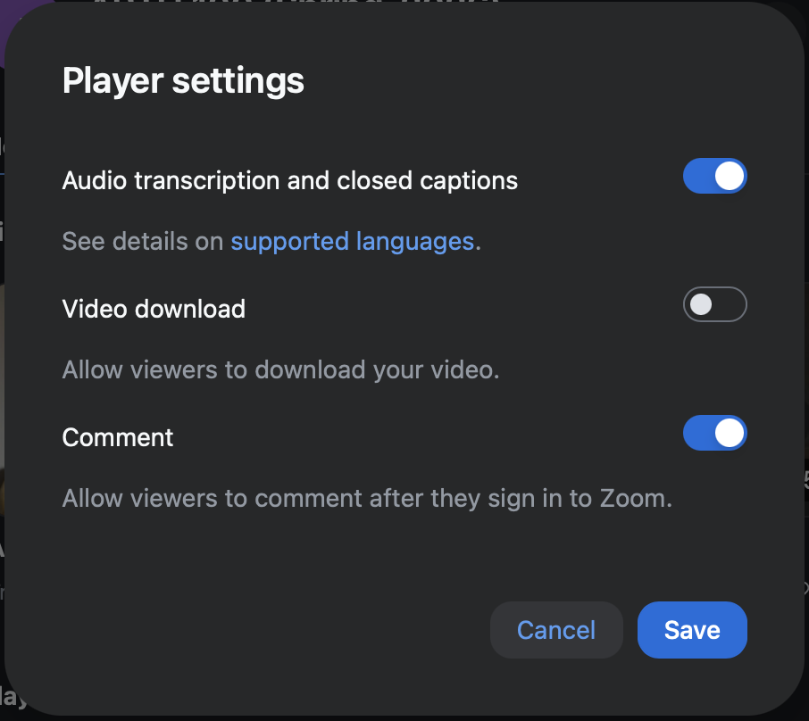 A screenshot of the Zoom player settings options for the channel