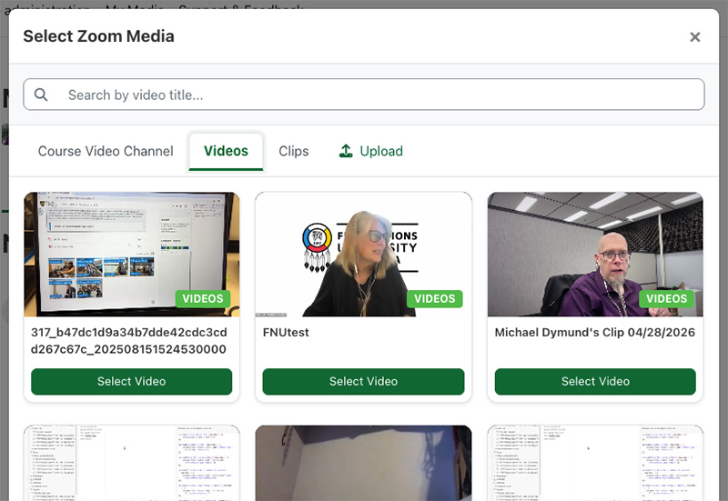 A screenshot of the Zoom Video Management picker in UR Courses