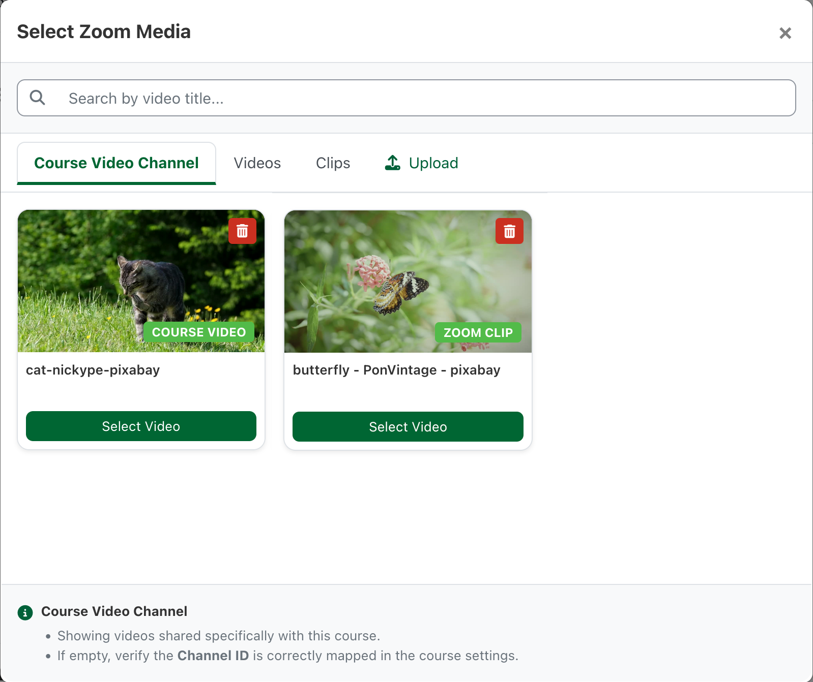 A screenshot of the channel videos tab in the Zoom Video picker