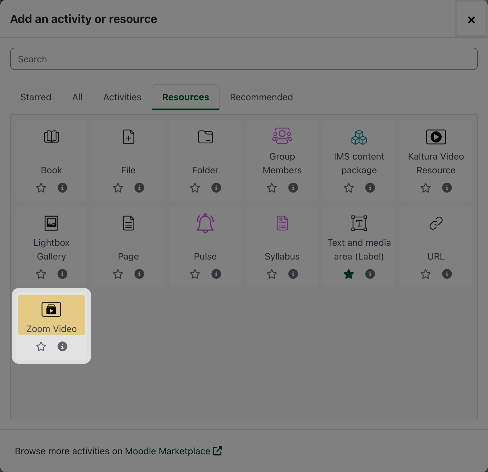 A screenshot highlighting the Zoom Video resource