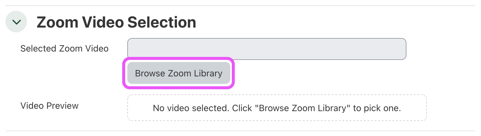 A screenshot highlighting the Zoom Video resource video selection