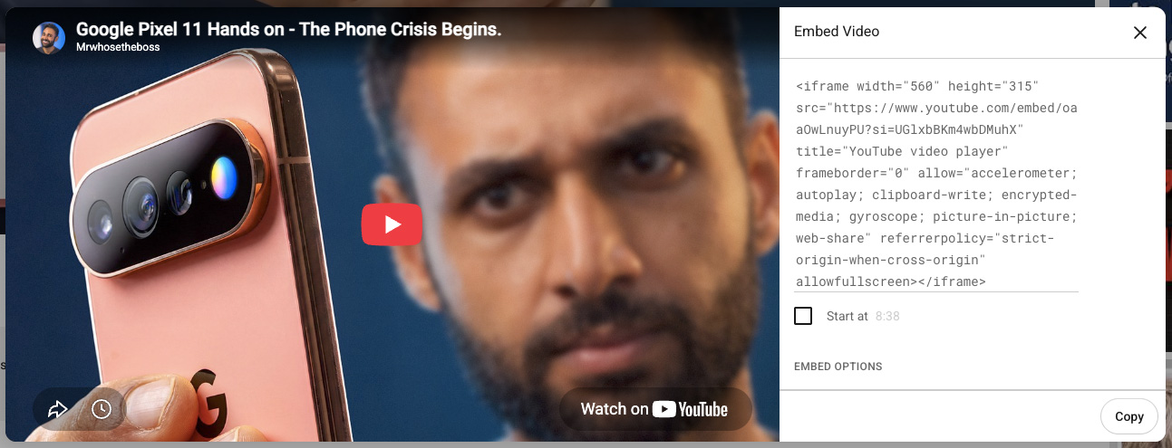 Showing the YouTube embed code