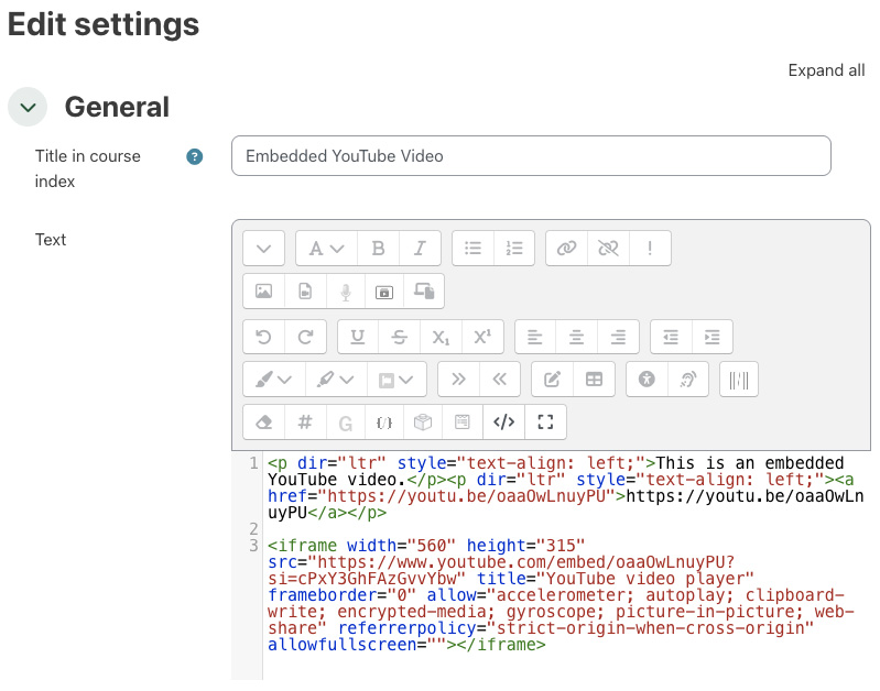 Pasting the YouTube embed code in the WYSIWYG editor