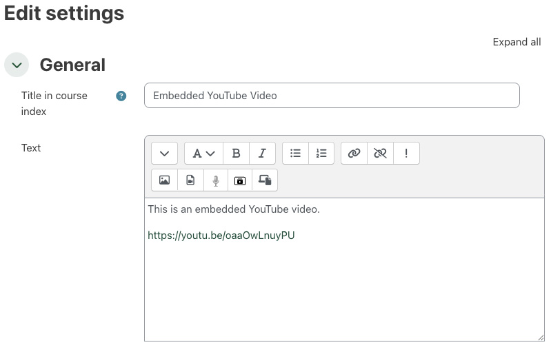 Embedding a YouTube video URL in a Text and Media Area activity