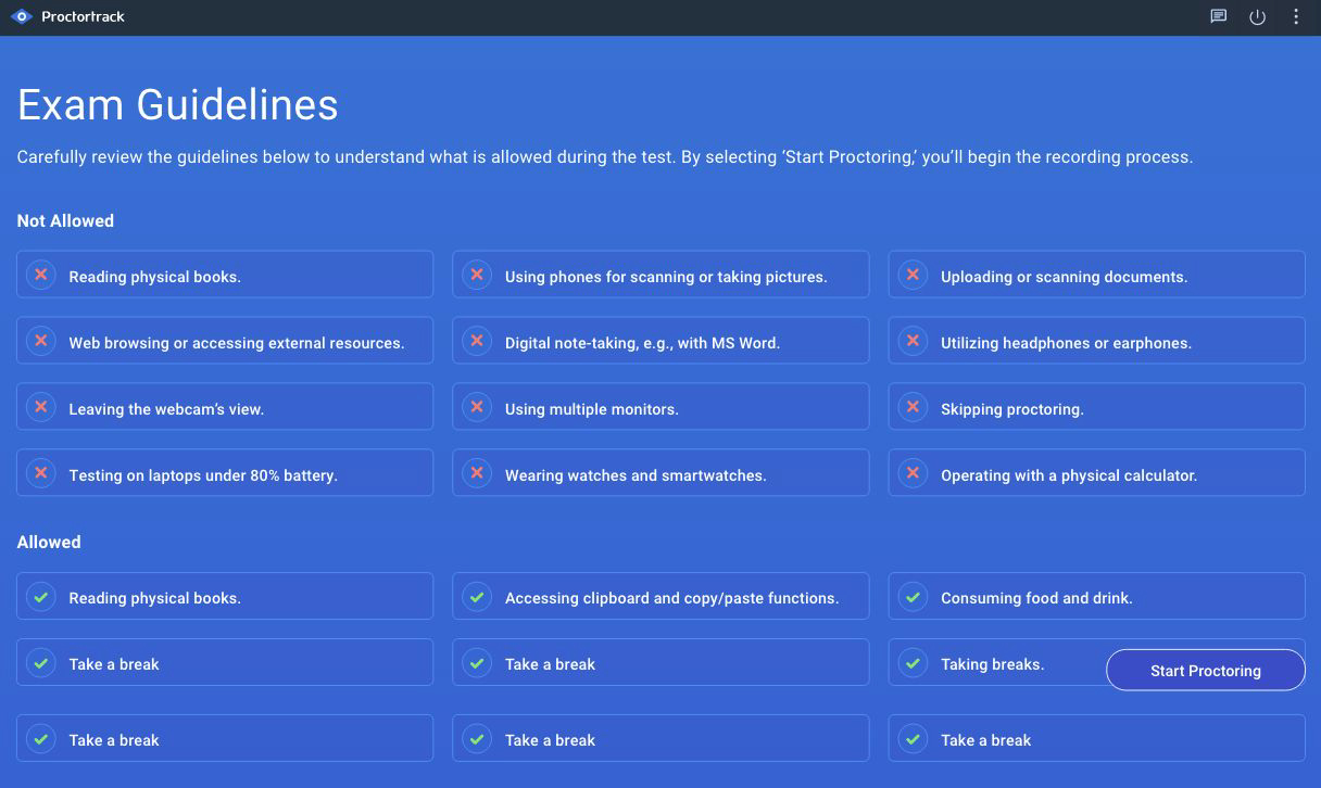 An example list of the Protortrack guidelines for an online exam.