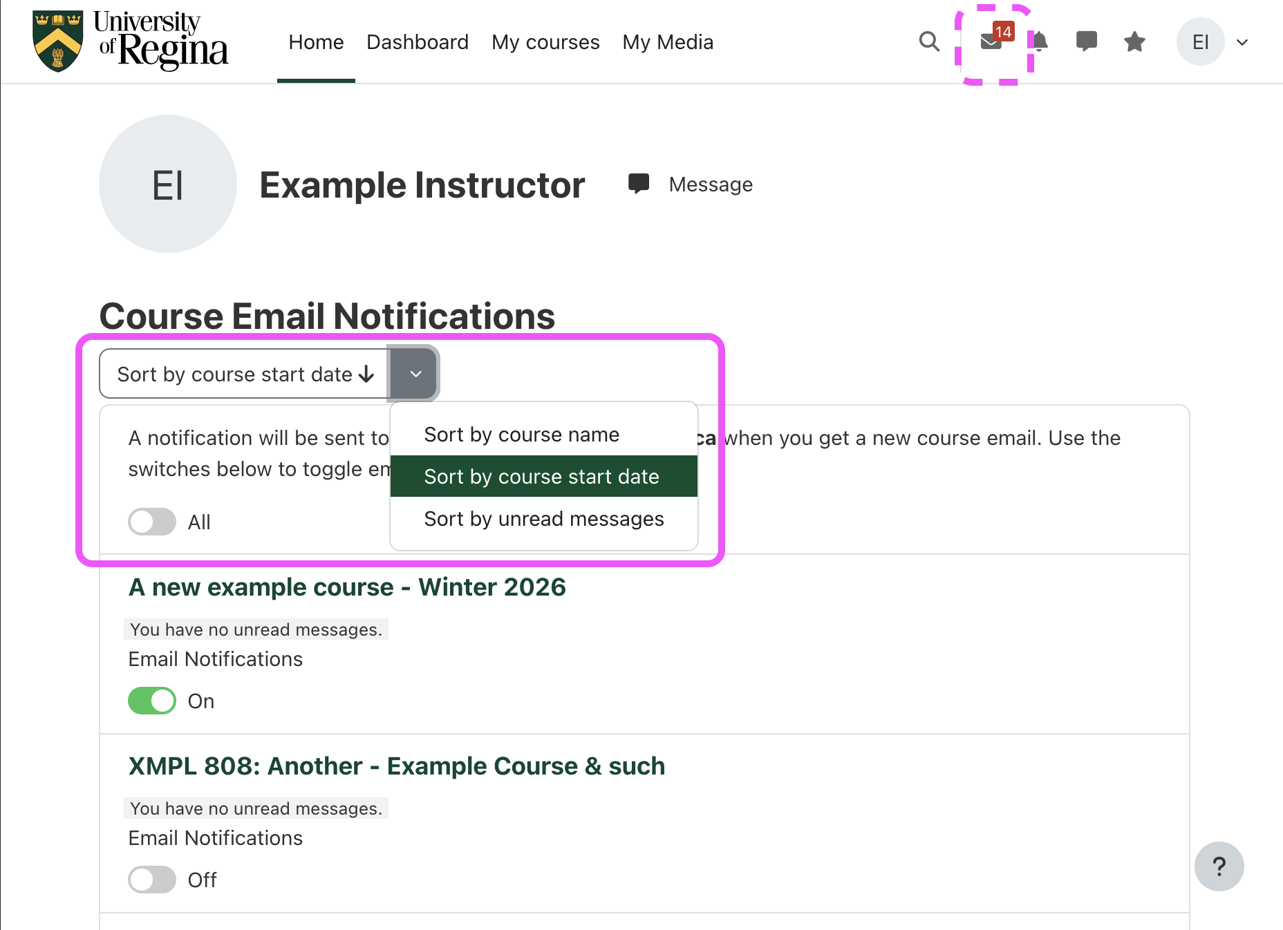 A screenshot highlighting the new Course email overview