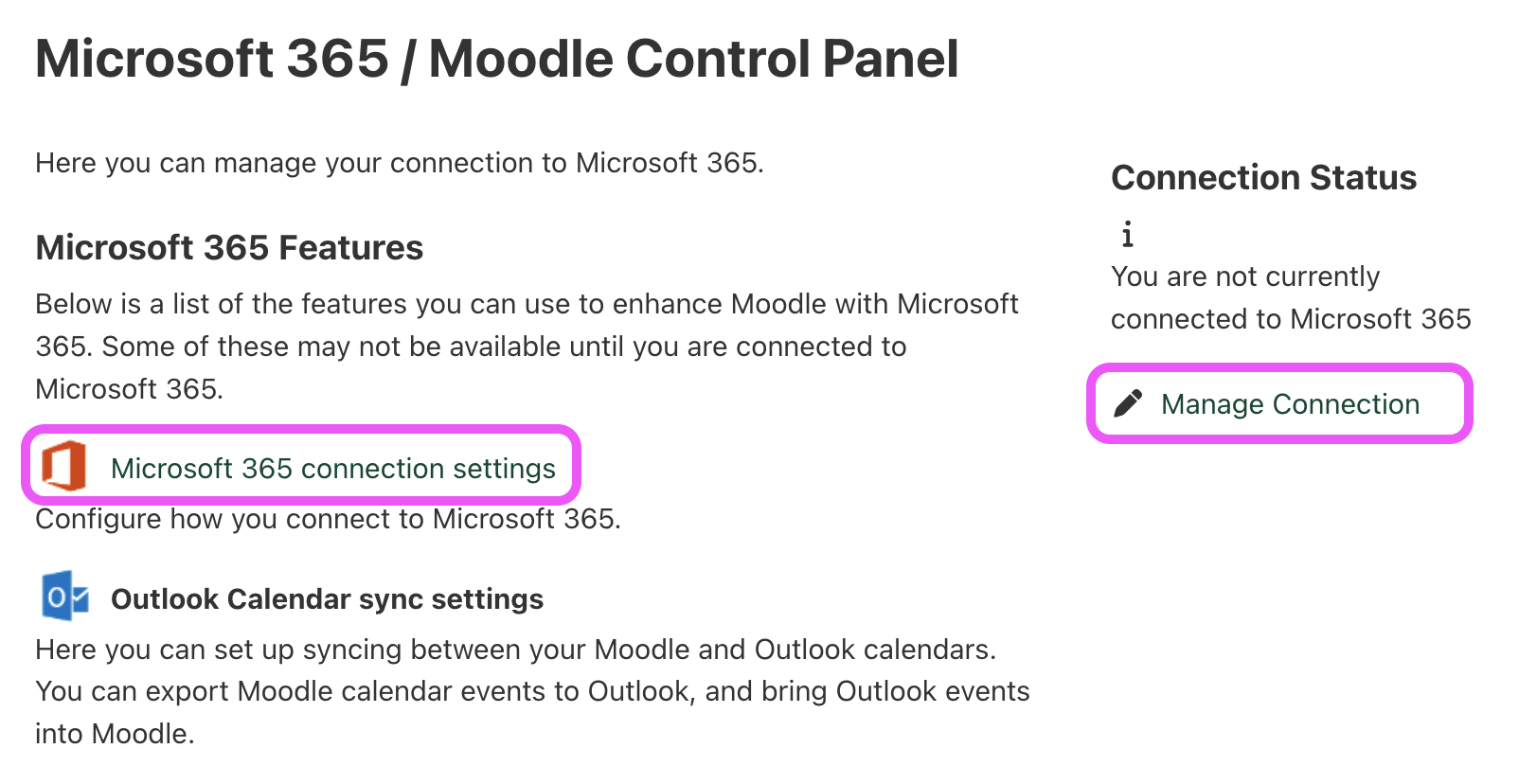A screenshot highlighting the Connect to Microsoft 365 and Manage Connection links