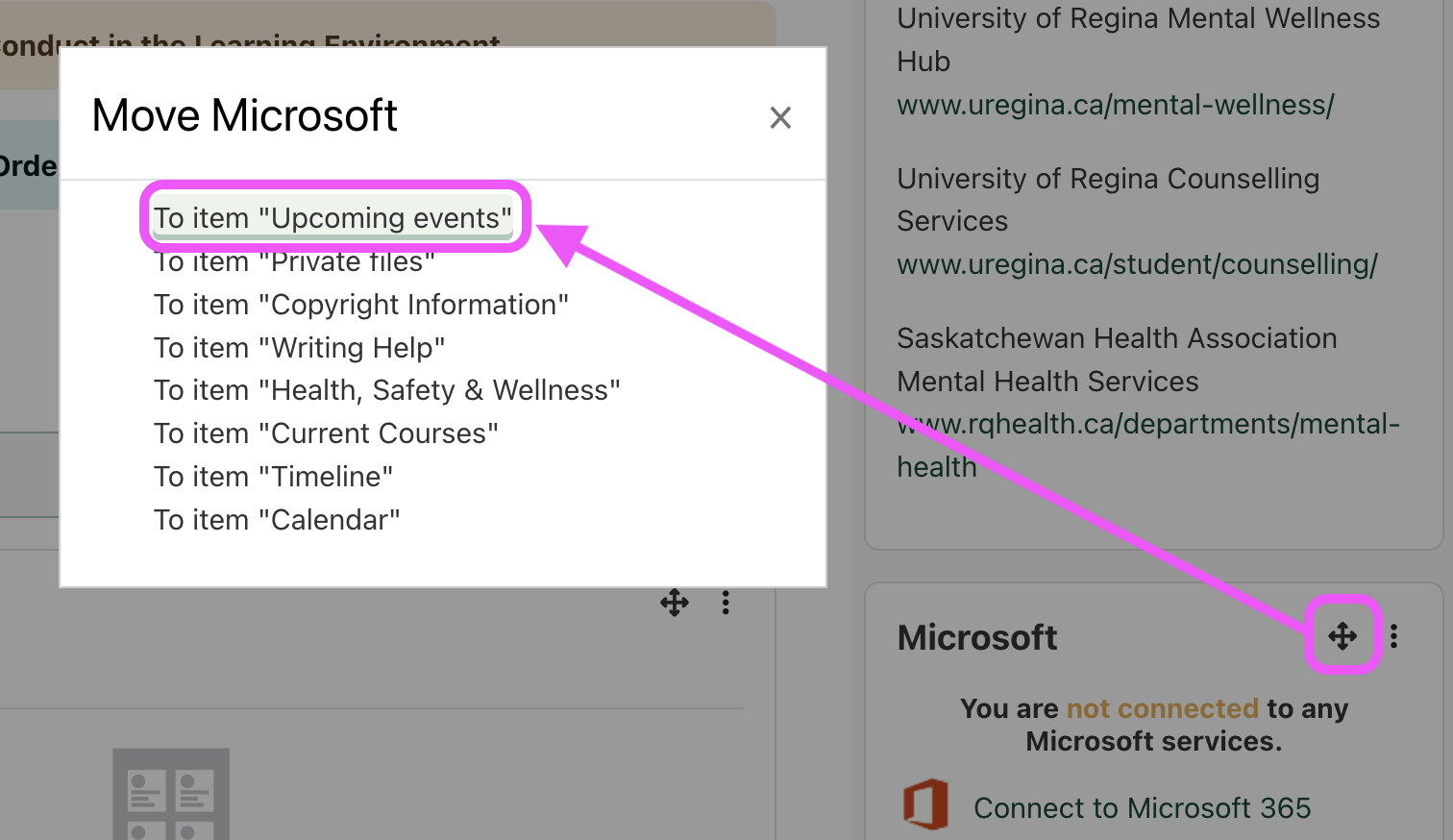 A screenshot of moving the Microsoft 365 block to the top of the blocks drawer